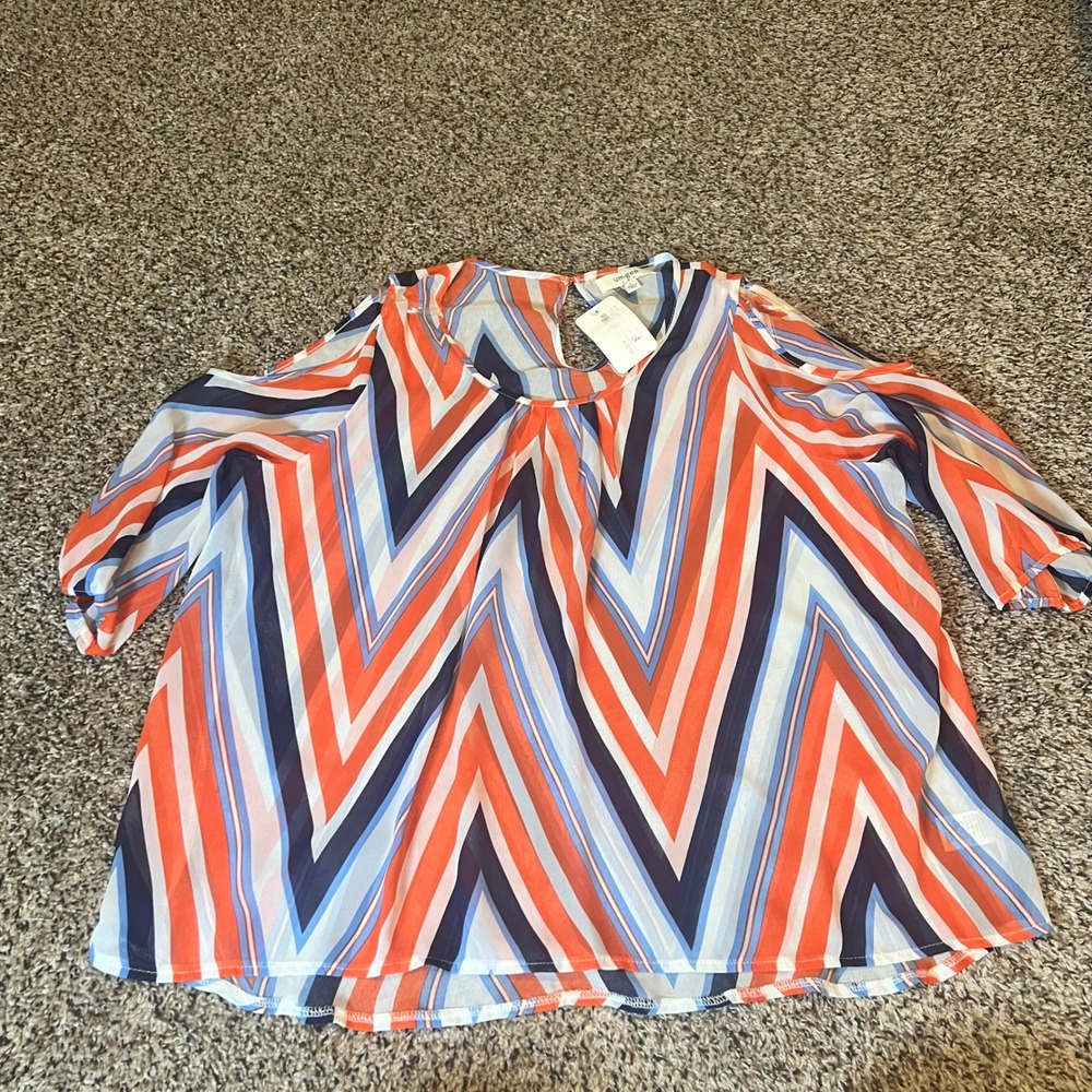 Umgee USA Womens Multi Stripe Cold Shoulder Blouse Top Size L